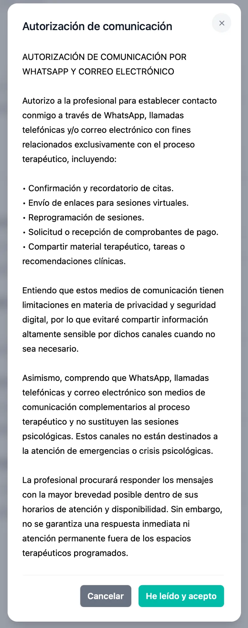 Ventana con el texto completo de la autorización y los botones Cancelar y He leído y acepto
