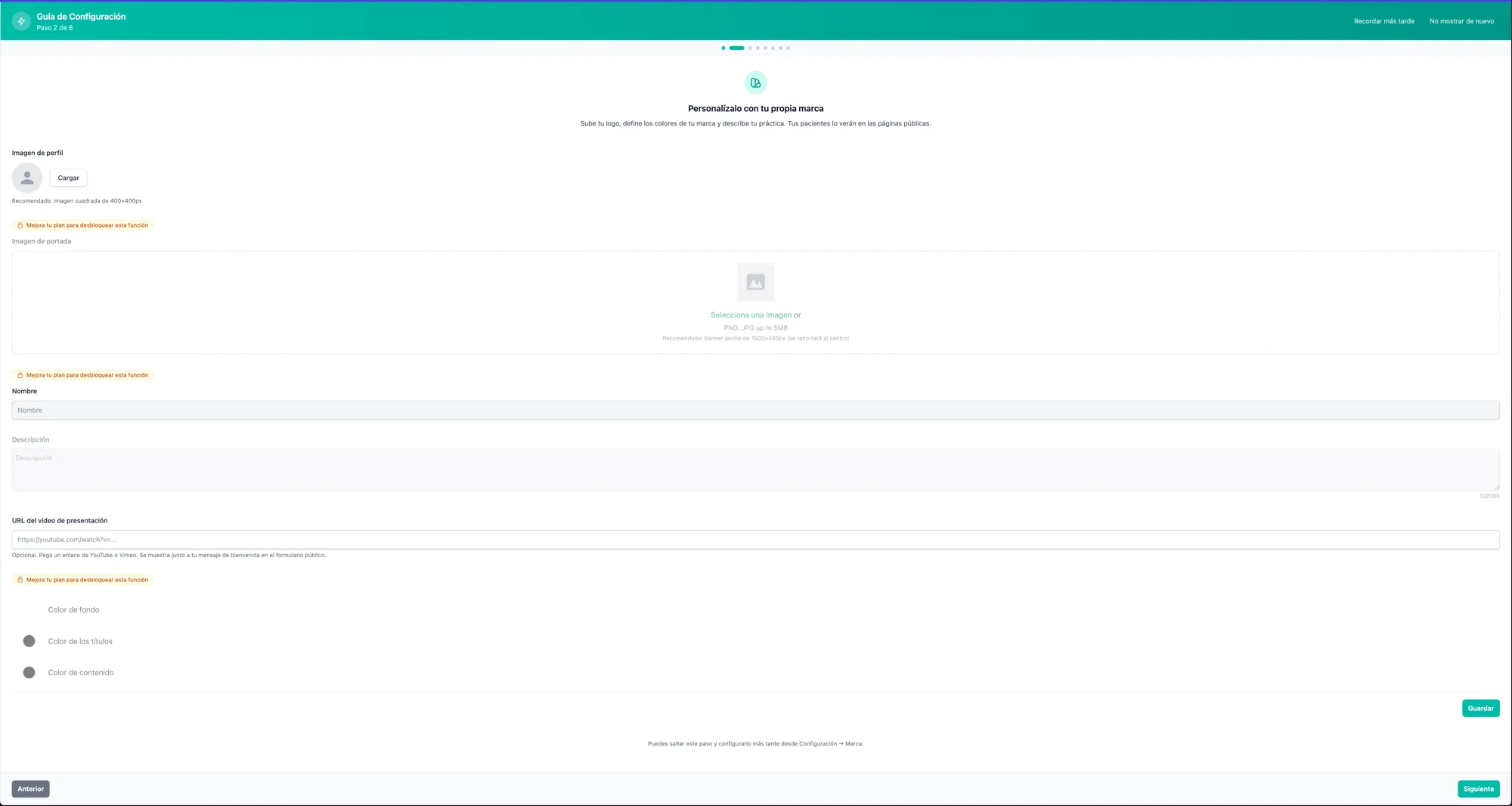 Paso de personalización de marca del asistente de configuración