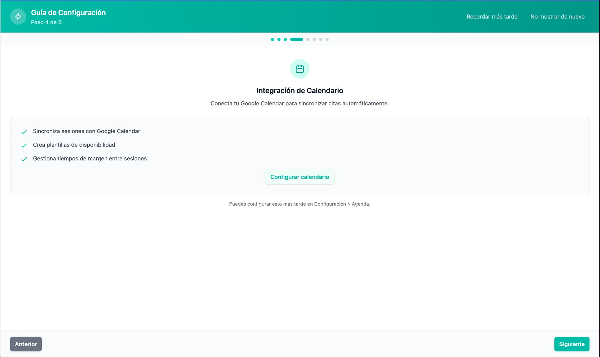 Paso de integración de calendario del asistente de configuración