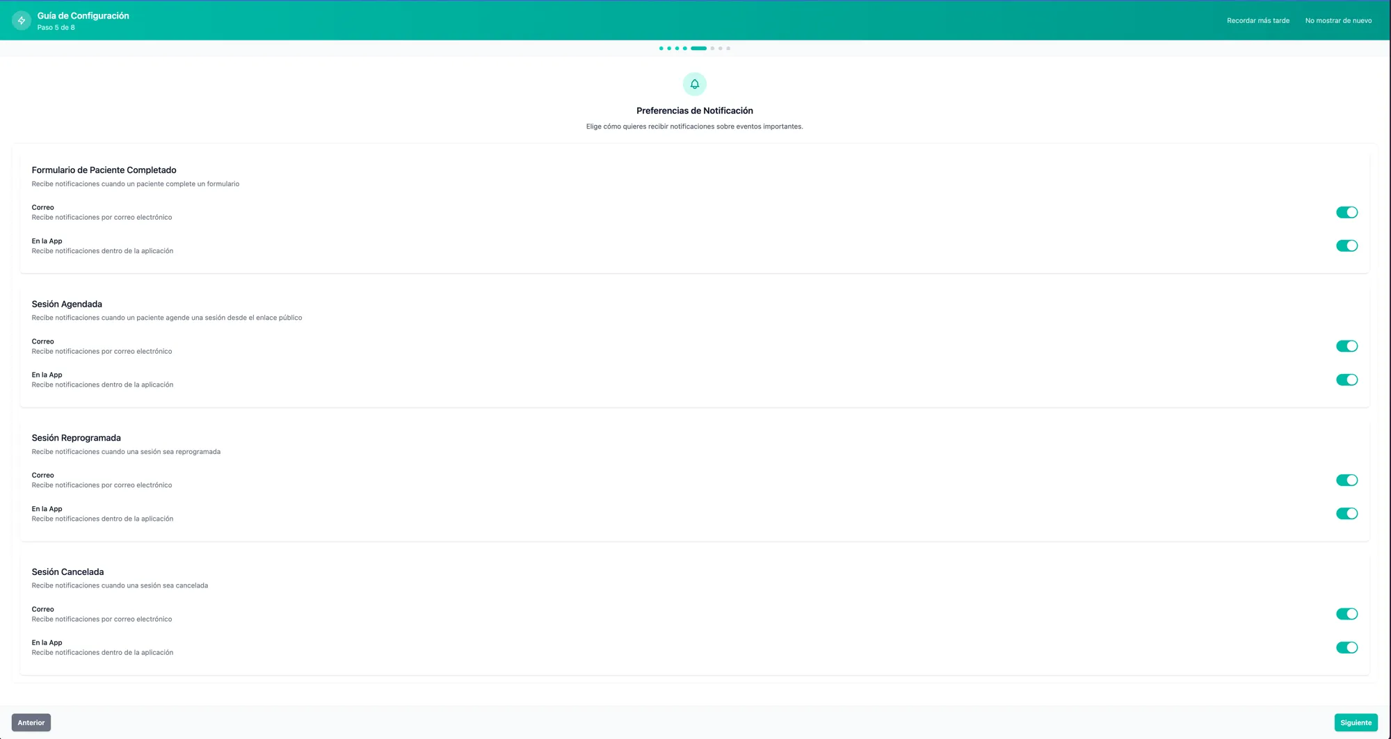 Paso de preferencias de notificación del asistente de configuración