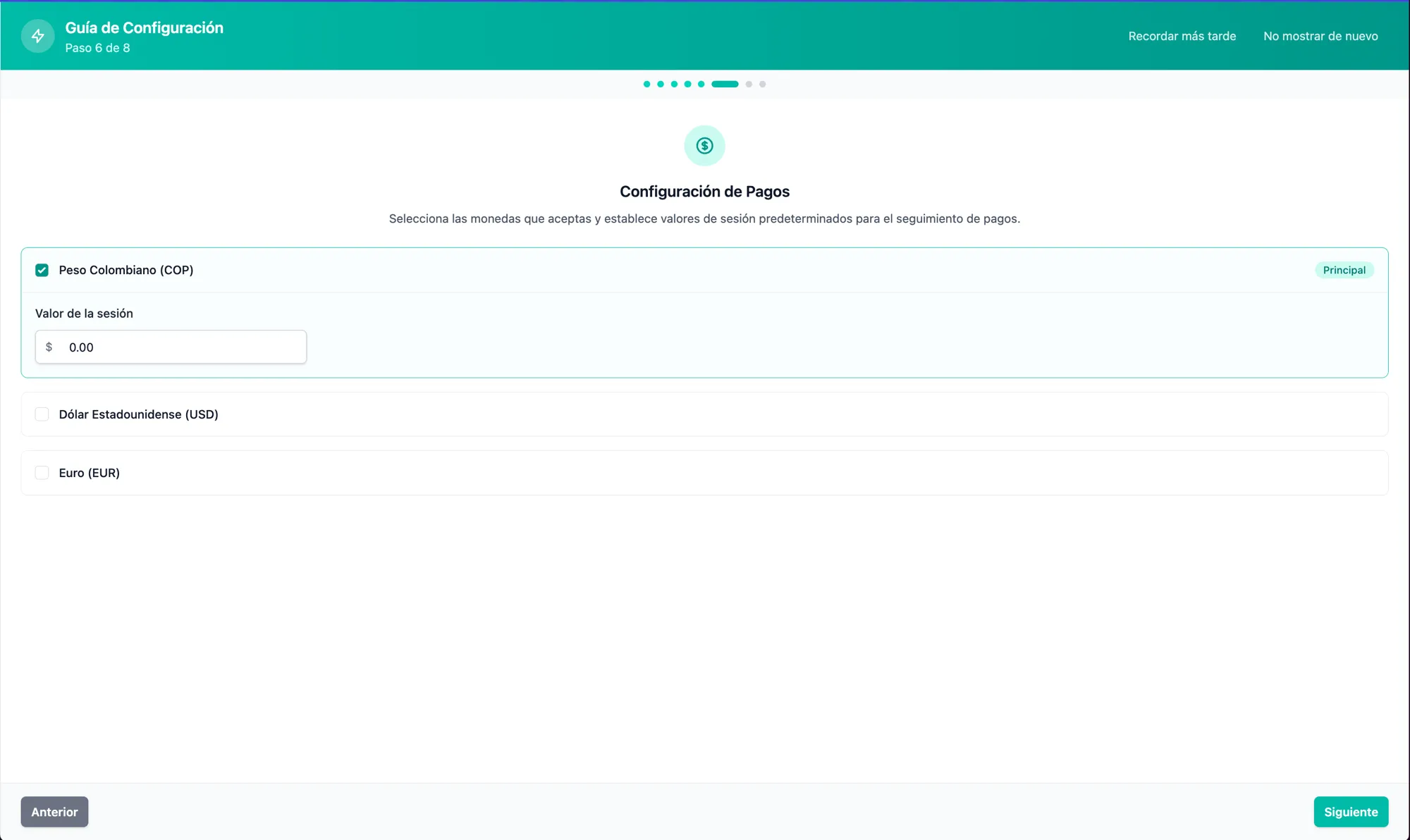 Paso de configuración de pagos del asistente de configuración