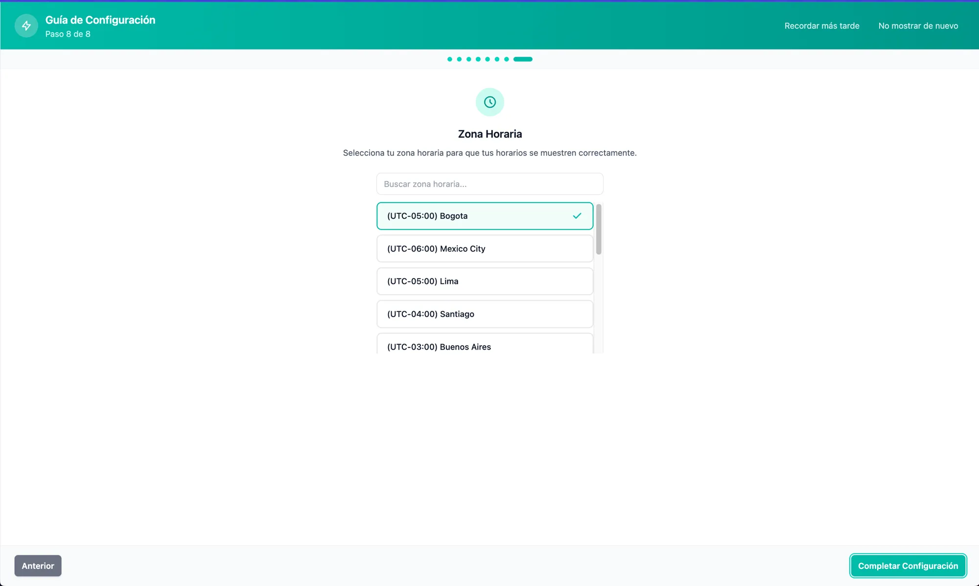 Paso de zona horaria del asistente de configuración